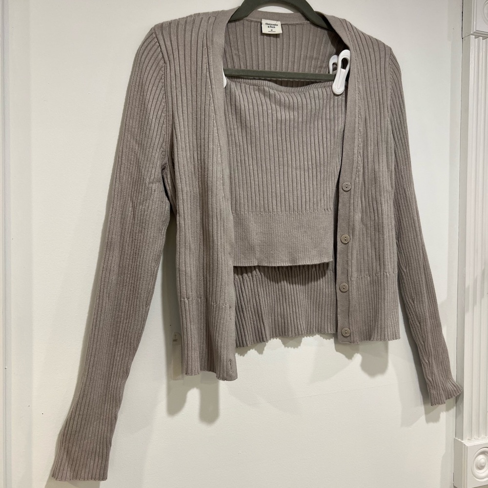 Abercrombie & Fitch Ribbed Cardigan Set in Taupe